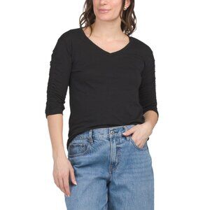 GOLDIE TEE Black Pima Cotton Ruched Sleeve V-neck Top